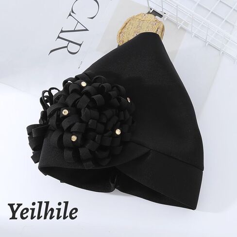 Yeilhile African Headwrap with Big Flower Pre-Tied Stretch Headwraps Party Prom Floral Knotted Turban Beanie Caps for Women Black in Kuwait