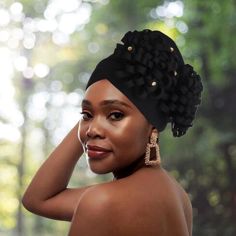 Yeilhile African Headwrap with Big Flower Pre-Tied Stretch Headwraps Party Prom Floral Knotted Turban Beanie Caps for Women Black in Kuwait