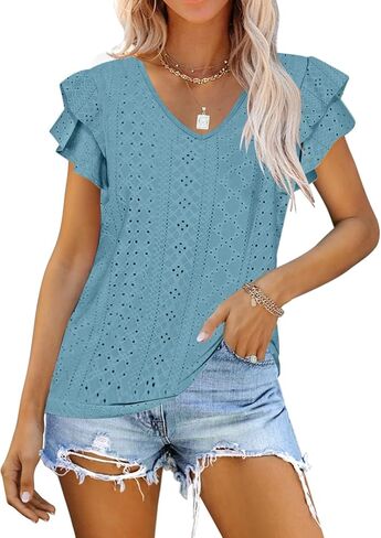 قمصان Kikula النسائية الصيفية بأكمام مكشكشة ورقبة على شكل حرف V وبلوزة كاجوال مجوفة in Kuwait