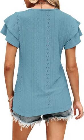 قمصان Kikula النسائية الصيفية بأكمام مكشكشة ورقبة على شكل حرف V وبلوزة كاجوال مجوفة in Kuwait