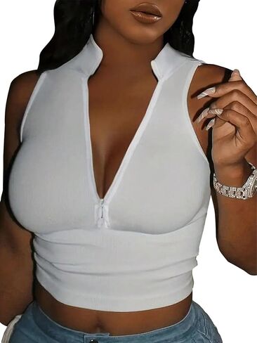 SweatyRocks Women's Half Zip Stand Collar Sleeveless Slim Fit Cropped Vest Tank Tops in Kuwait