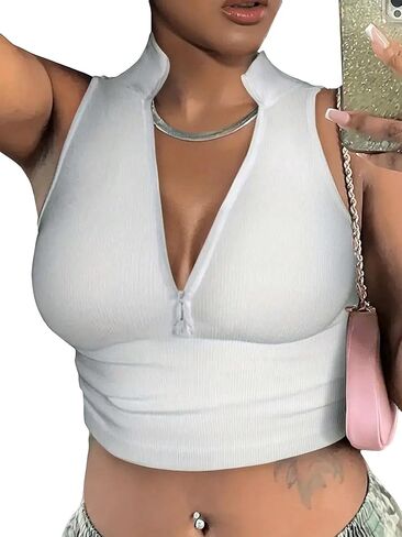 SweatyRocks Women's Half Zip Stand Collar Sleeveless Slim Fit Cropped Vest Tank Tops in Kuwait
