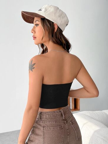 OYOANGLE Women's Rib Knit Sleeveless Asymmetrical Hem Ruched Tube Tops Strapless Basic Crop Tank Tops in Saudi Arabia