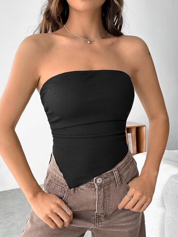 OYOANGLE Women's Rib Knit Sleeveless Asymmetrical Hem Ruched Tube Tops Strapless Basic Crop Tank Tops in Saudi Arabia