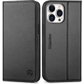 حافظة SHIELDON لهاتف iPhone 15 Pro Max 6.7 بوصة، حافظة محفظة جلدية أصلية [إغلاق مغناطيسي] [فتحة بطاقة RFID] [مسند] حافظة حماية كاملة متوافقة مع iPhone 15 Pro Max 2023 - أسود
