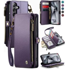 Defencase for Samsung Galaxy S24 Plus Case, RFID Blocking Galaxy S24 Plus Wallet Case for Women Men, PU Leather Magnetic Flip Strap Zipper Card Holder Phone Case for Samsung S24 Plus 6.7", Wine Red