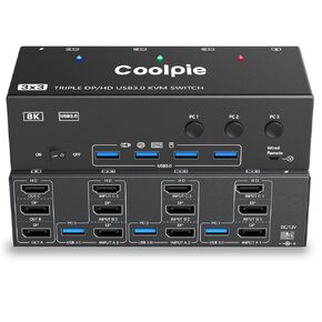 Ultra HD Triple Monitor KVM Switch for 3 Computers,HDMI 8K@60Hz/4K@120Hz, DP 8K@30Hz/4K@144Hz,1 HDMI & 2 DisplayPorts 4 USB 3.0 Ports - Wired Remote & 6 DP 3 HDMI 3 USB Cables Included