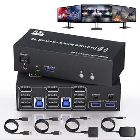 8K Displayport KVM Switch 3 Monitors 2 Computers, DP1.4 Triple Monitor KVM with Audio Microphone Output and 3 USB 3.0 Ports for 2 PC or Laptops, DP 3 Monitors KVM Support Extended and Duplicate Mode