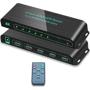 SkycropHD 8K@60Hz HDMI 2.1 Switch, 4K@120Hz 4 in 1 Out HDMI Auto Switcher with Remote Support 48Gbps, HDR10+, HDCP2.3, Dolby Vision/Atmos and CEC