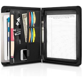 Zippered Leather Padfolio Organizer, Multifunctional Business Portfolio Folder with Zipper, Card Holders Pockets, Notepad Executive File Document Binder for Women Men (Black)