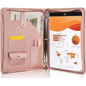 Free Name Engraved, Personalized Leather Portfolio Binder, PU Leather Zippered Padfolio with A4 Notepad Holder, 3 Ring Binder Rose Portfolio Organizer for Women, Gift for Girls, Customized, Rose