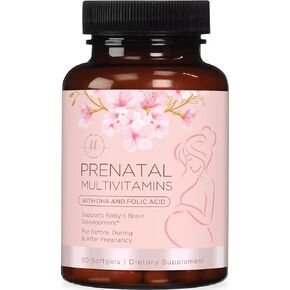 Women's Prenatal Multivitamin with Folic Acid + DHA, Prenatal Vitamins with Folate, Omega 3, Vitamins D3, B6, B12 & Iron, Pregnancy Support DHA Supplement for Mom and Baby, Non-GMO - 60 Softgels
