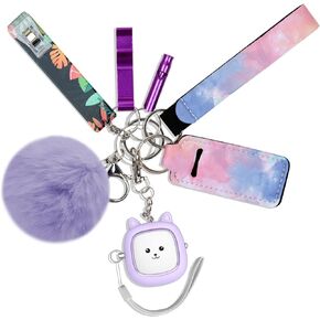 Keychain Set for Girls with Personal Alarm, Funseeya Keychain Accessories with Personal Sound Siren, Cute Pom Pom, Locking Carabiner Clip and Whistle