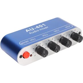 Mini Audio Mixer, 4 Channel Line Mixer with 3.5mm Stereo Jack, 4 Input 1 Stereo Output & Volume Adjustment, DC 5V-12V Stereo Mixer for PC, Phone, Laptop, Headphone, Small Clubs or Bars