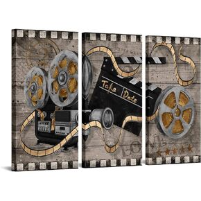 RnnJoile Movie Theater Wall Decor Rustic 3 Pieces Movie Projector Film Clapper Reels Painting for Vintage Home Farmhouse Movie Room Bedroom Wall Decor Ready to Hang