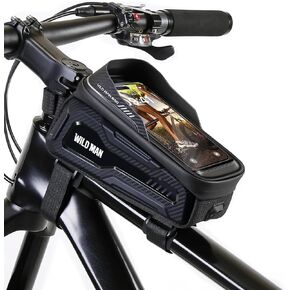 WILD MAN Bike Phone Bag Bike Pouch Top Tube Bag Bicycle Front Frame Bag Waterproof Bike Bag Phone Holder Compatible with 6.5"(Black)