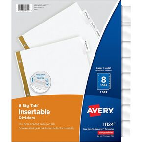 Avery Big Tab Insertable Dividers for 3 Ring Binders, 8-Tab Set, White Paper, Clear Tabs, 1 Binder Divider Set (11124)