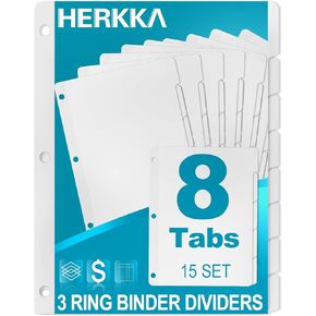 8-Tab Binder Dividers, HERKKA 3 Ring Binder Dividers with Reinforced Edge, 3 Hole Punch Section Index Dividers for Binders, 1/8-Cut Tabs, Letter Size, White, 120 Dividers