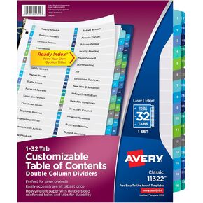 Avery Double Column 32 Tab Dividers for 3 Ring Binders, Customizable Table of Contents, Multicolor Tabs, 1 Set (11322)