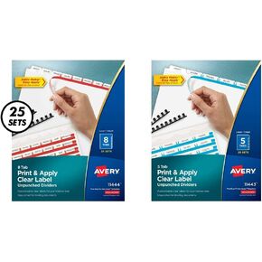 Avery 8-Tab Unpunched Binder Dividers, Easy Print & Apply Clear Label Strip & 5 Tab Unpunched Dividers for Use with Any Binding System, Easy Print & Apply Clear Label Strip