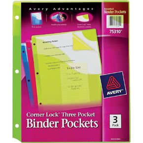 Avery Corner Lock Binder Pockets for 3 Ring Binders, Assorted Colors, for 8.5" x 11" Documents, Acid-Free and Archival-Safe, 3 Binder Folders Total (75310)