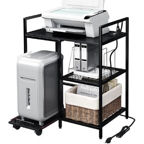 حامل طابعة TC-HOMENY ثلاثي الطبقات مع وحدة تخزين ومحطة شحن وأرفف مفتوحة للمكتب المنزلي - حامل طابعة منزلي متعدد الوظائف (أسود) in Kuwait