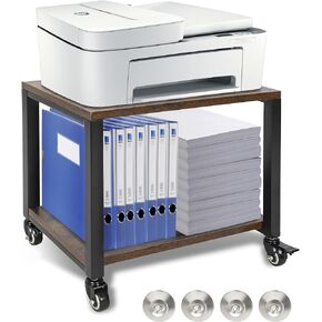 Under Desk Printer Stand, 2-Tier 16.5''x 12.6''x 14.8'' Rolling Printer Stand Storage Shelves for Printer, Scanner, Fax Machine, Files, Books with Anti-Skid Feet for Home, Office, Brown