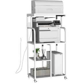 VEDECASA Mobile High Printer Stand with Power Outlet Charging Plugs USB Port Office Storage Shelf includes Computer Tower CPU Stand Holder with Wheel (White)