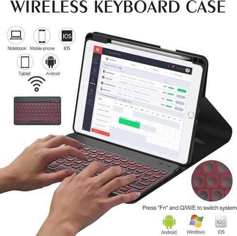 حافظة لوحة مفاتيح iPad من الجيل التاسع مقاس 10.2 بوصة الجيل الثامن والسابع، لوحة مفاتيح لاسلكية قابلة للفصل بإضاءة خلفية 7 ألوان قابلة للإزالة، رأسي أفقي قابل للدوران 360 درجة، غطاء شفاف حامل قلم مدمج in Kuwait