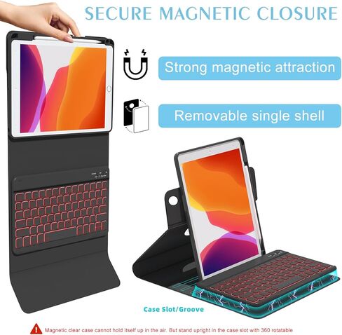 حافظة لوحة مفاتيح iPad من الجيل التاسع مقاس 10.2 بوصة الجيل الثامن والسابع، لوحة مفاتيح لاسلكية قابلة للفصل بإضاءة خلفية 7 ألوان قابلة للإزالة، رأسي أفقي قابل للدوران 360 درجة، غطاء شفاف حامل قلم مدمج in Kuwait