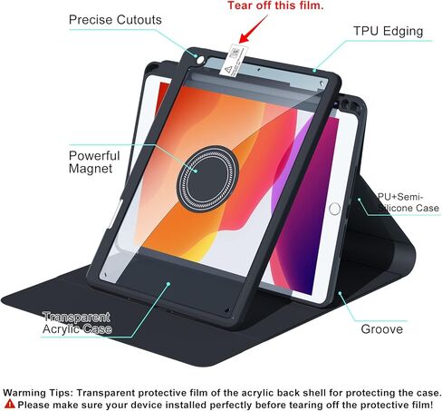 حافظة لوحة مفاتيح iPad من الجيل التاسع مقاس 10.2 بوصة الجيل الثامن والسابع، لوحة مفاتيح لاسلكية قابلة للفصل بإضاءة خلفية 7 ألوان قابلة للإزالة، رأسي أفقي قابل للدوران 360 درجة، غطاء شفاف حامل قلم مدمج in Kuwait