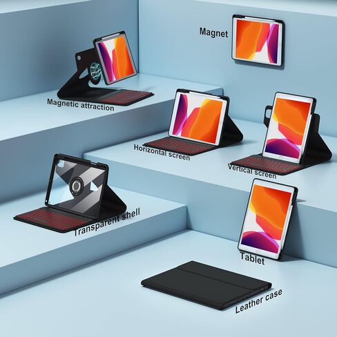 حافظة لوحة مفاتيح iPad من الجيل التاسع مقاس 10.2 بوصة الجيل الثامن والسابع، لوحة مفاتيح لاسلكية قابلة للفصل بإضاءة خلفية 7 ألوان قابلة للإزالة، رأسي أفقي قابل للدوران 360 درجة، غطاء شفاف حامل قلم مدمج in Kuwait
