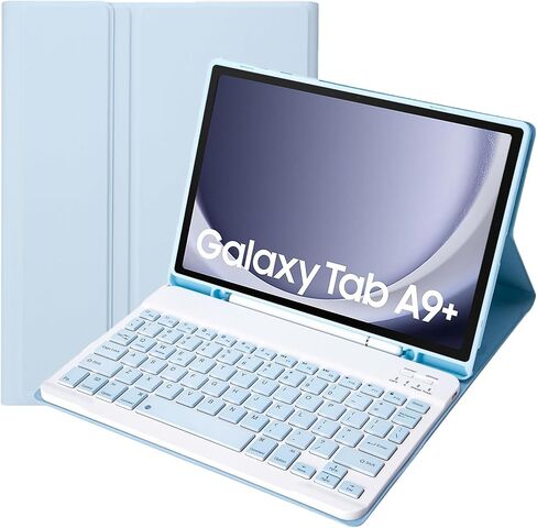 حافظة لوحة مفاتيح نحيفة بألوان الحلوى متوافقة مع هاتف Samsung Galaxy Tab A9 Plus مقاس 11 بوصة موديل 2023 (SM-X210/X216/X218) مع حامل قلم S، وغطاء حامل متعدد الزوايا ولوحة مفاتيح لاسلكية قابلة للفصل (أزرق فاتح) in Saudi Arabia