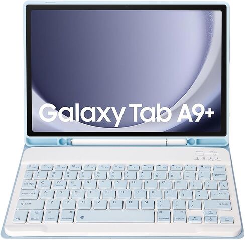 حافظة لوحة مفاتيح نحيفة بألوان الحلوى متوافقة مع هاتف Samsung Galaxy Tab A9 Plus مقاس 11 بوصة موديل 2023 (SM-X210/X216/X218) مع حامل قلم S، وغطاء حامل متعدد الزوايا ولوحة مفاتيح لاسلكية قابلة للفصل (أزرق فاتح) in Saudi Arabia