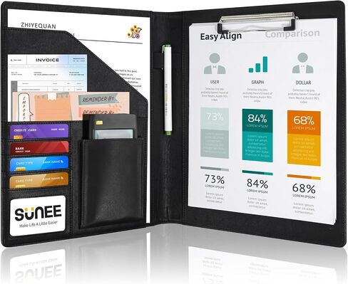 SUNEE Padfolio Folder with Clipboard, Portfolio Organizer for Legal Size, Premium Black PU Leather Portfolio Binder for Document Organizer, Office Supplies or Business Traveling in Saudi Arabia