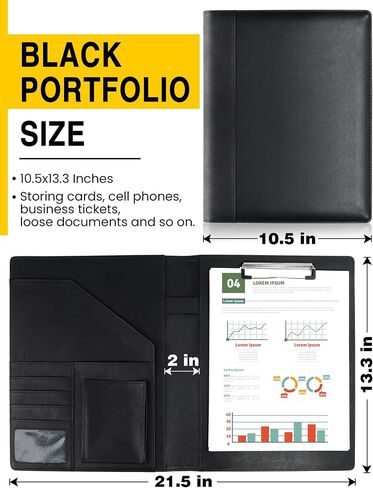 SUNEE Padfolio Folder with Clipboard, Portfolio Organizer for Legal Size, Premium Black PU Leather Portfolio Binder for Document Organizer, Office Supplies or Business Traveling in Saudi Arabia