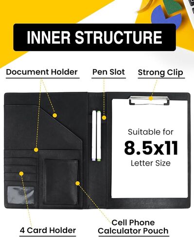 SUNEE Padfolio Folder with Clipboard, Portfolio Organizer for Legal Size, Premium Black PU Leather Portfolio Binder for Document Organizer, Office Supplies or Business Traveling in Saudi Arabia
