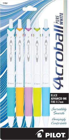 أقلام حبر PILOT Acroball PureWhite المتقدمة القابلة لإعادة الملء والسحب مع لمسات فضية، نقطة دقيقة، حبر أسود، 14 عبوة (14694) in Kuwait
