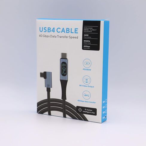 كابل MOTONG 240 وات USB 4 مع شاشة LED، 40 جيجابت في الثانية 8K@60 هرتز PD USB من النوع C إلى USB C ذكر إلى ذكر مع سلك كابل 90 درجة لمحور لوحة الكمبيوتر المحمول من النوع C in Kuwait