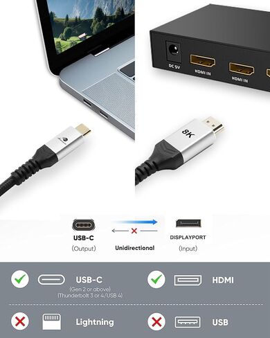كابل BOAACOUSTIC 8K USB C إلى DisplayPort 1.4 بطول 4.9 قدم، يدعم 8K 60 هرتز / 4K 144 هرتز (USB-C إلى DisplayPort، كابل USB C إلى DP) - Thunderbolt 4 /USB4 /Thunderbolt 3 متوافق مع MacBook Pro، XPS in Kuwait