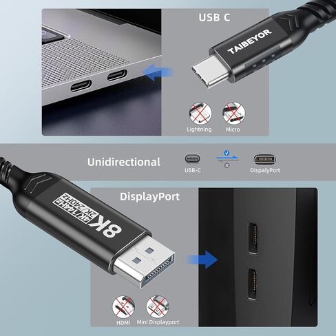كابل USB C إلى DisplayPort 1.4 8K@60 هرتز 4K@240 هرتز 2K@240 هرتز Thunderbolt 4/3 إلى DisplayPort، النوع C إلى DP 1.4 32.4 جيجابت في الثانية مجدول متوافق مع iPhone 15، وMacBook Pro/Air، وiPad، وMac Mini، وiMac، وSurface (6.6) قدم) in Kuwait