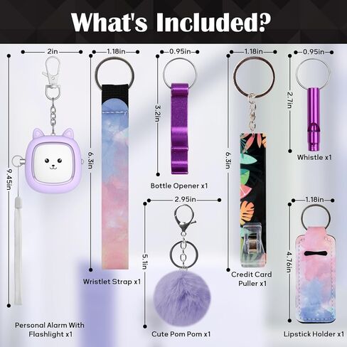 مجموعة سلسلة مفاتيح للفتيات مع منبه شخصي، ملحقات سلسلة مفاتيح Funseeya مع صفارة إنذار صوتية شخصية، بوم بوم لطيف، مشبك وحلقة قفل وصفارة in Kuwait