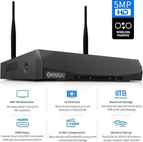 《10 قنوات و3k 5.0MP》 مسجل NVR لنظام كاميرا الأمان المنزلي، مسجل فيديو شبكة 1536P، مسجلات NVR مع مسجل WiFi مدمج، مراقبة NVR لاسلكية، لا يوجد محرك أقراص ثابت in Kuwait