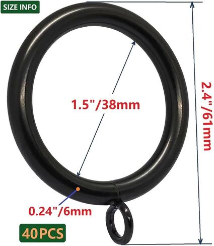 Metal Thick Curtain Rings-1.5" Inner Diameter,Large Wire Diameter (0.24 inch), Suitable for 1.2" and Below Diameter Curtain Rods, Steel Material (Black-40pcs) in Saudi Arabia