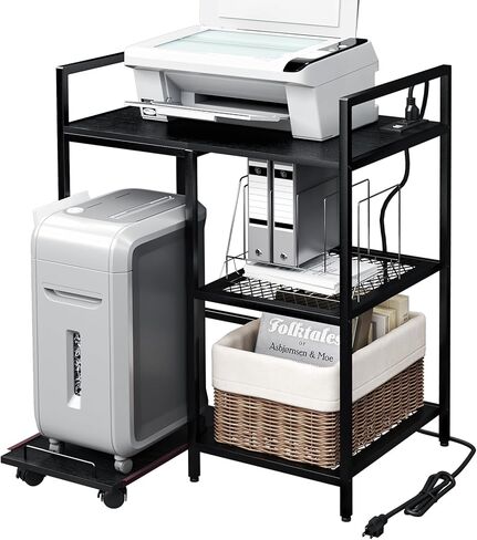 حامل طابعة TC-HOMENY ثلاثي الطبقات مع وحدة تخزين ومحطة شحن وأرفف مفتوحة للمكتب المنزلي - حامل طابعة منزلي متعدد الوظائف (أسود) in Kuwait