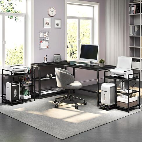 حامل طابعة TC-HOMENY ثلاثي الطبقات مع وحدة تخزين ومحطة شحن وأرفف مفتوحة للمكتب المنزلي - حامل طابعة منزلي متعدد الوظائف (أسود) in Kuwait