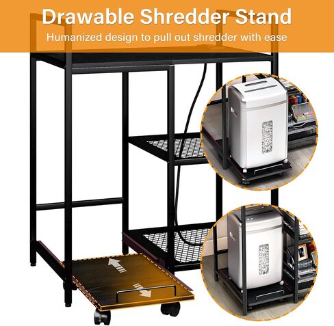 حامل طابعة TC-HOMENY ثلاثي الطبقات مع وحدة تخزين ومحطة شحن وأرفف مفتوحة للمكتب المنزلي - حامل طابعة منزلي متعدد الوظائف (أسود) in Kuwait