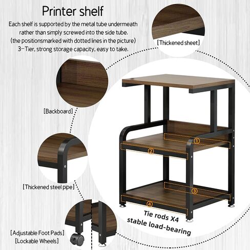 Printer Stand for Home Office Organization, 3-Tier Rolling Printer Cart with Storage Shelf, Printer Table with Wheels, Under Desk Storage for Scanner, Fax Machine, Books, Files（Black） in Saudi Arabia