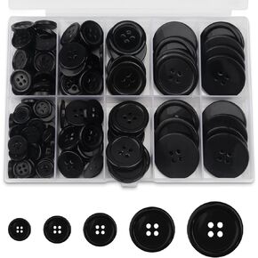 160PCS Black Buttons for Crafts Buttones, Round Assorted Button Replacement 4-Hole/5-Size Black-Buttons Mixed Sewing-Button for Coats, Shirts, Pants, Shorts, DIY (0.39"/0.5"/0.6"/0.8"/1 Inch)