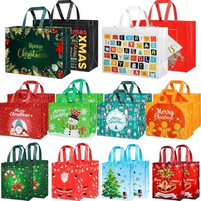 أحجام متنوعة 20 أكياس Goodie عيد الميلاد القابلة لإعادة الاستخدام - أكياس هدايا غير منسوجة ، بالجملة ، مع مقابض - 4 كبيرة ، 8 متوسطة ، 8 صغيرة